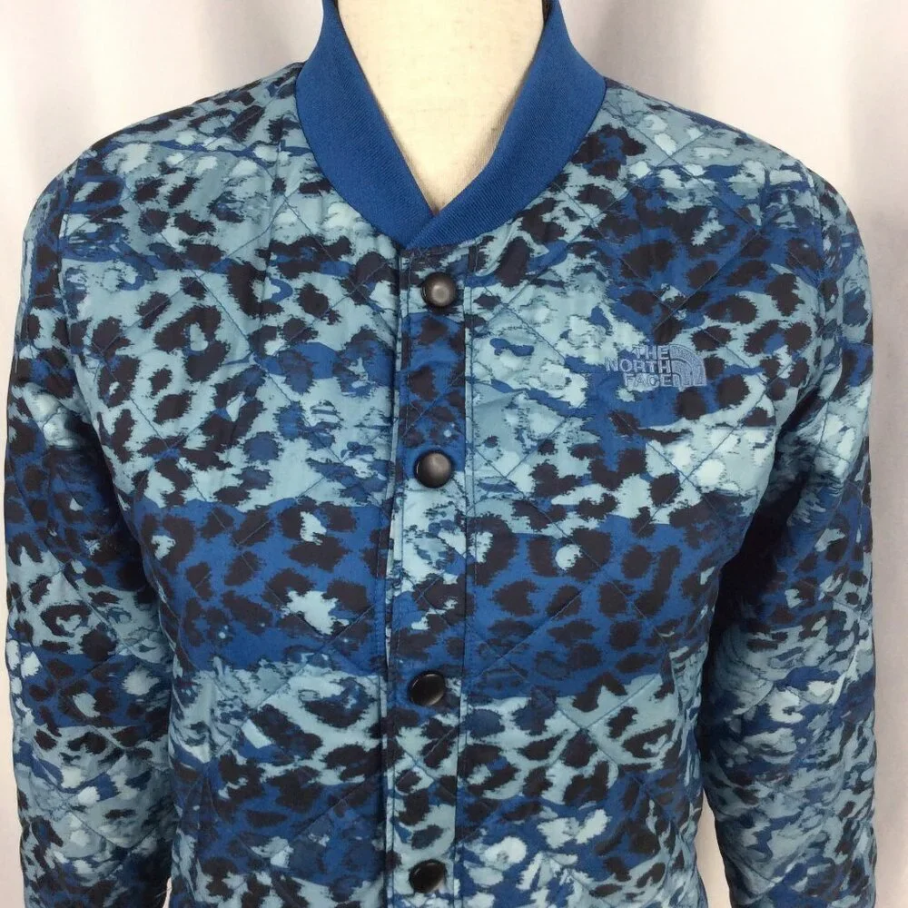 The North Face Anna Quilted Bomber Jacket Womens XS Blue Leopard Print Insulated
